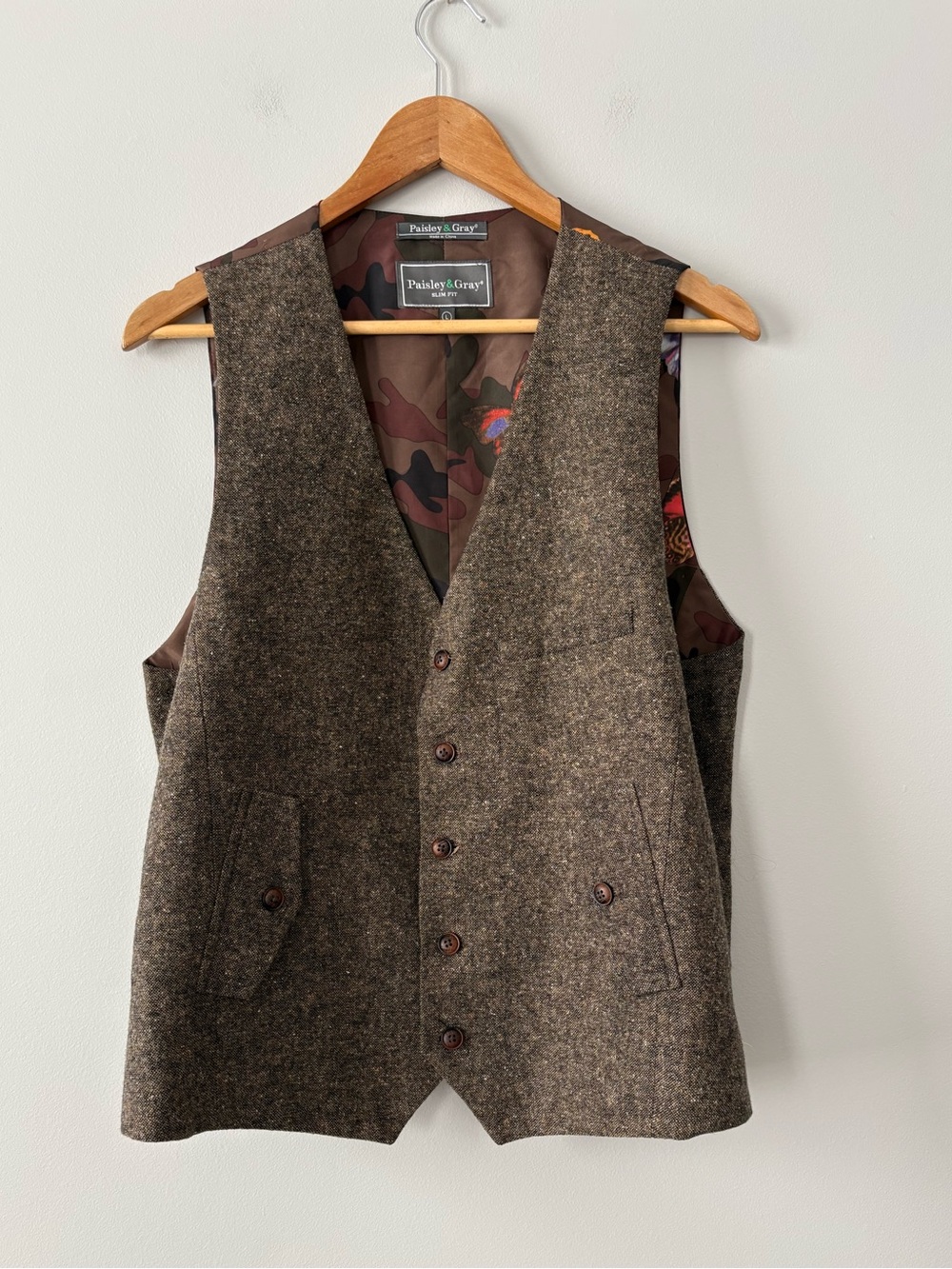 Designer Paisley & Gray Olive Brown Slim Fit Wool Blend Waistcoat